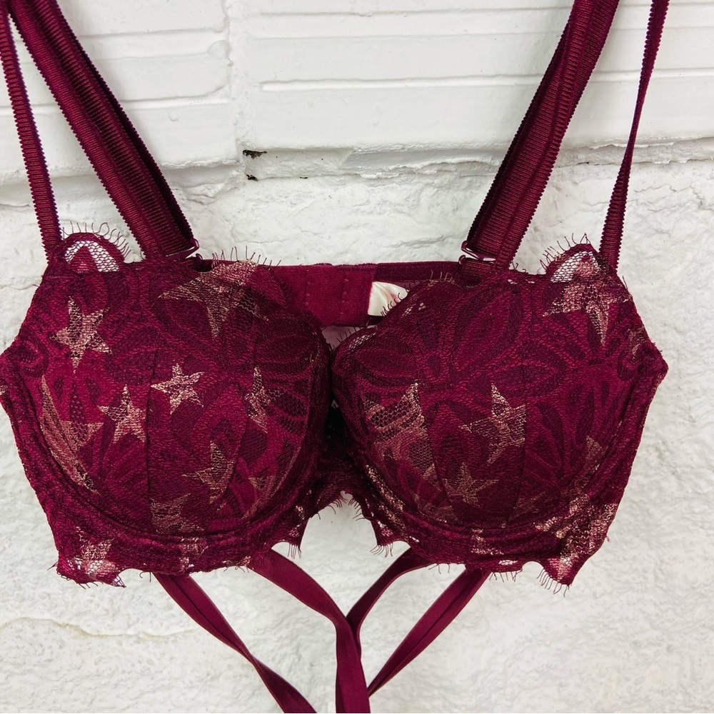 VICTORIAS SECRET PINK Burgundy gold star date night push up sexy bra size 34A - Picture 8 of 12